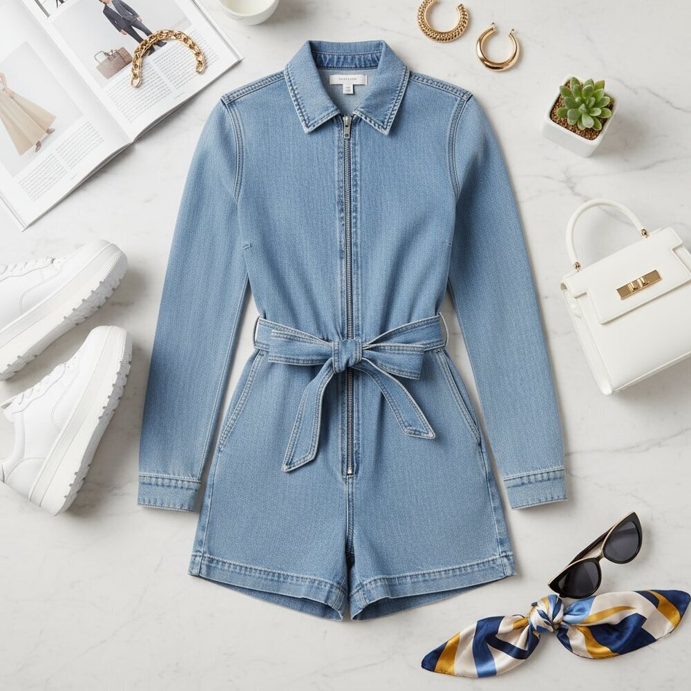 Rivet Utility Trendsetter Denim Romper XL Light Wash Zip Front Tie Waist Jumpsui - Picture 8 of 15